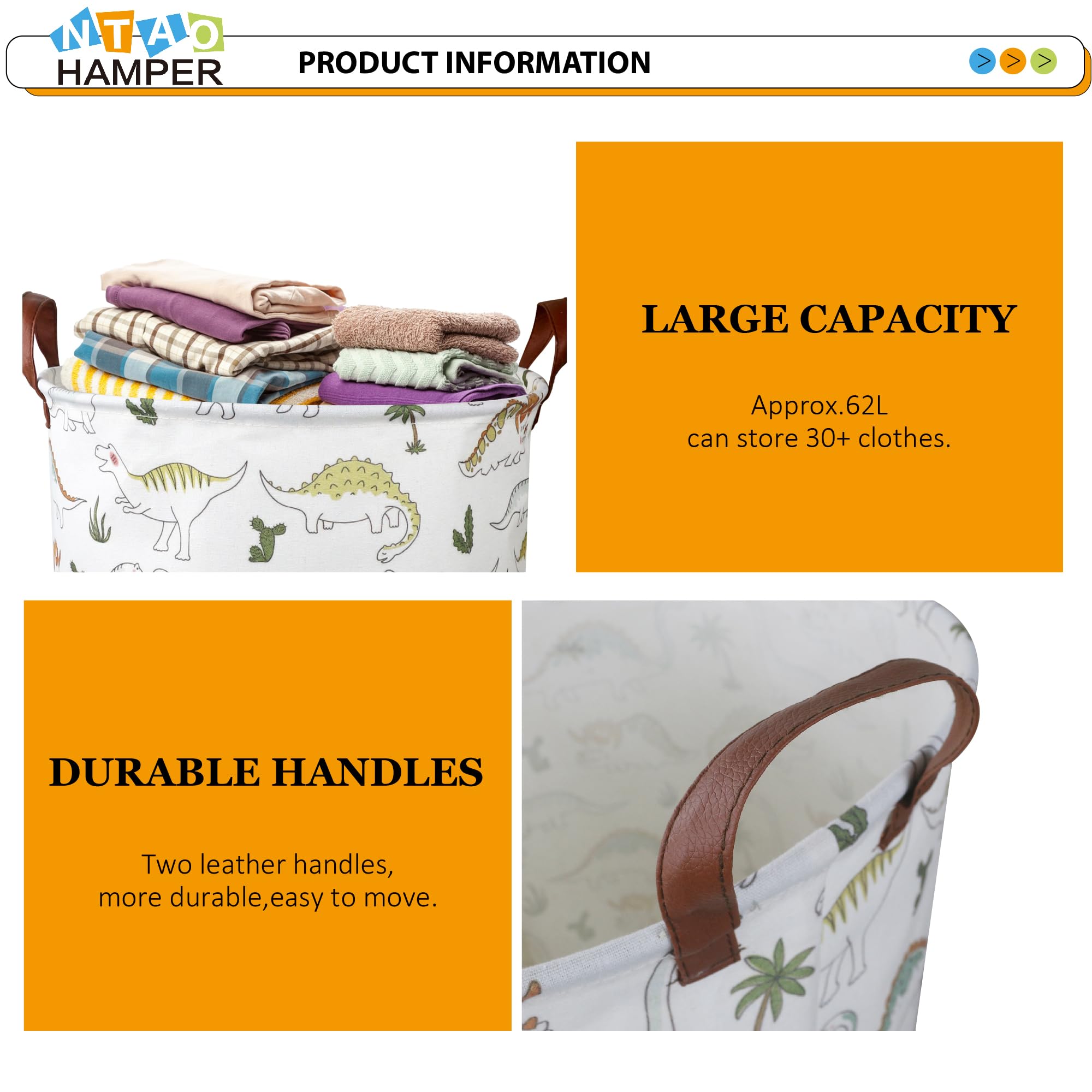 NTAOHAMPER Dinosaur Laundry Hamper featuring a friendly dinosaur print detail