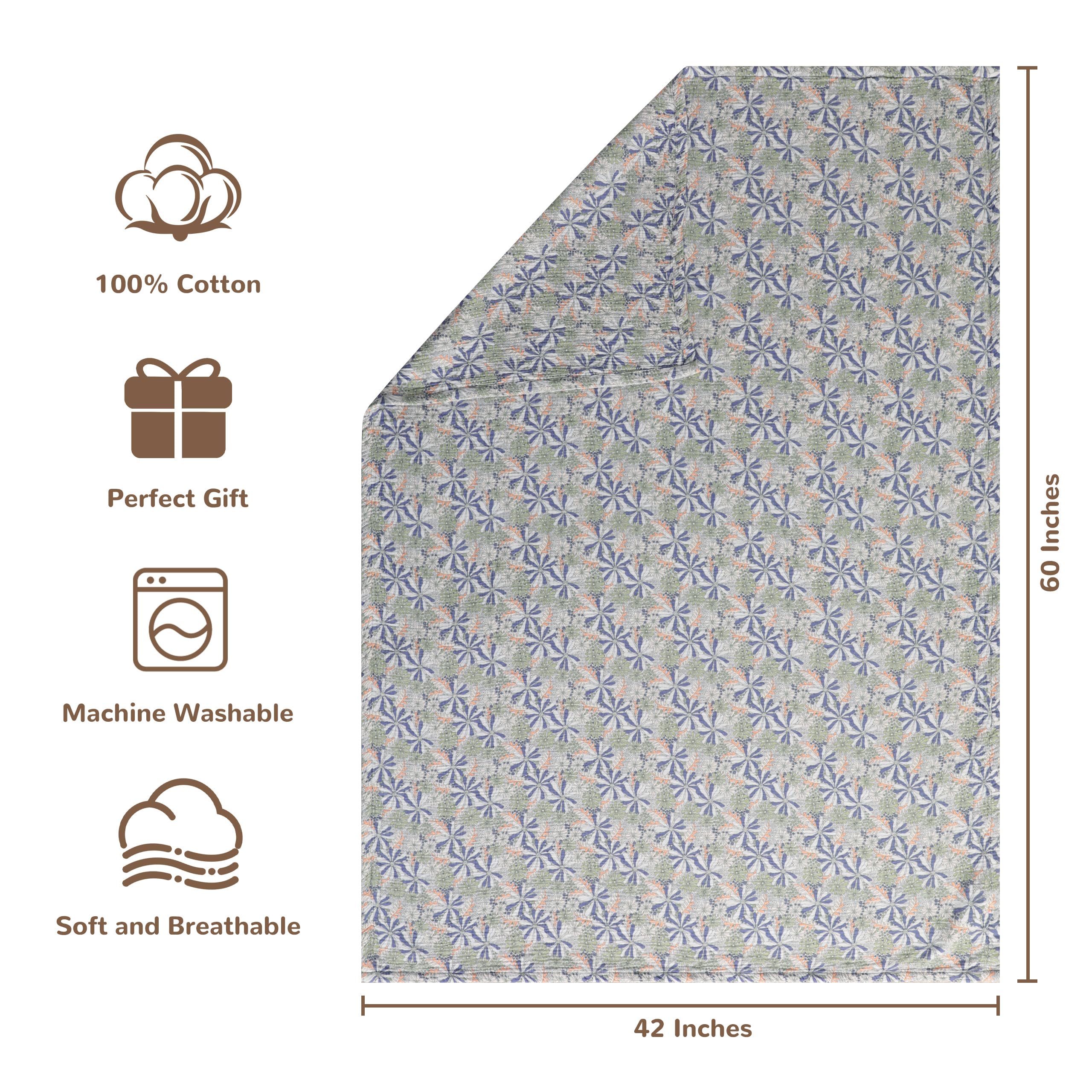 NTBAY 4-layer muslin blanket 42x60 laid flat, highlighting versatile size for growing babies.
