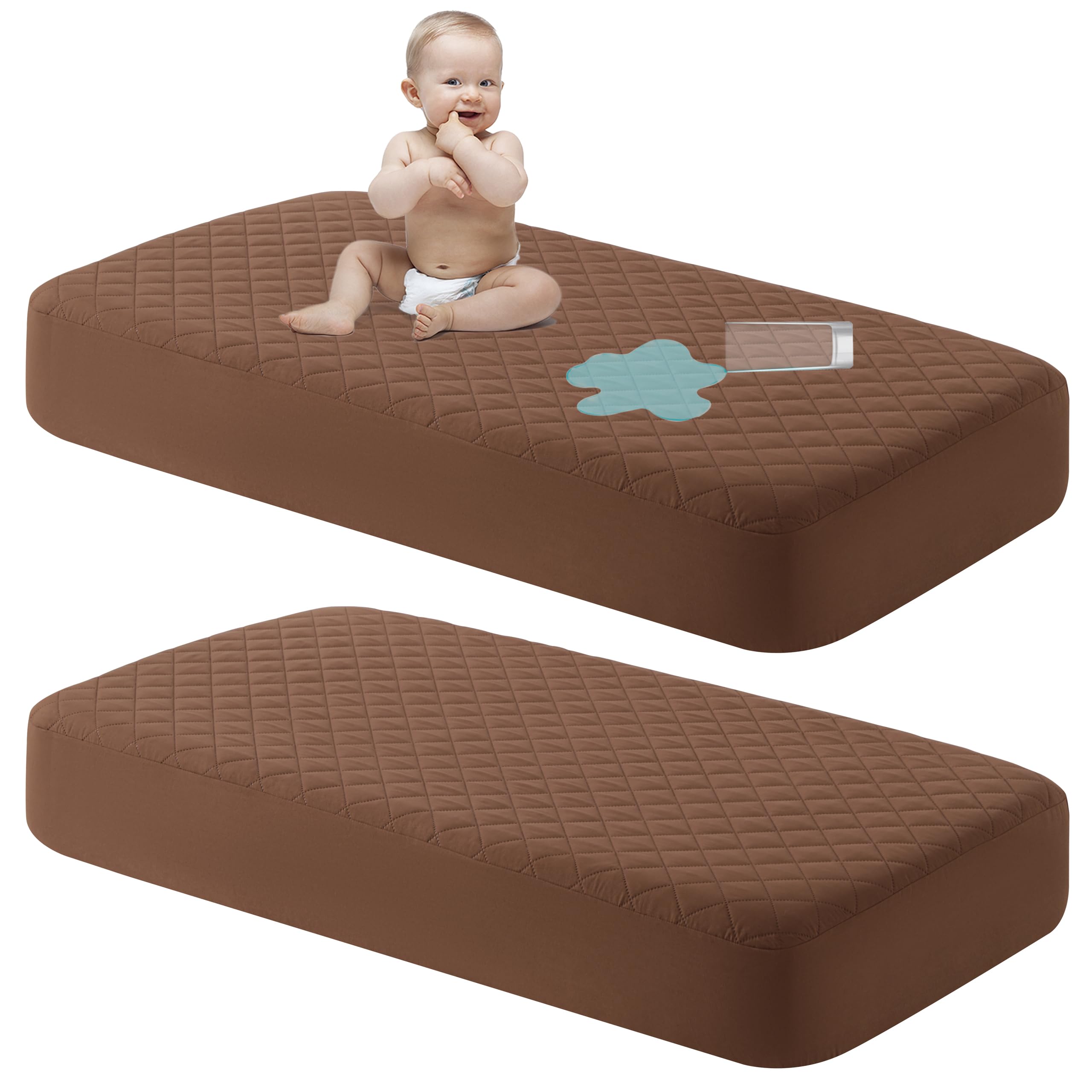 NTBAY mini-crib mattress protector 24x38 brown protects against spills while remaining quiet.