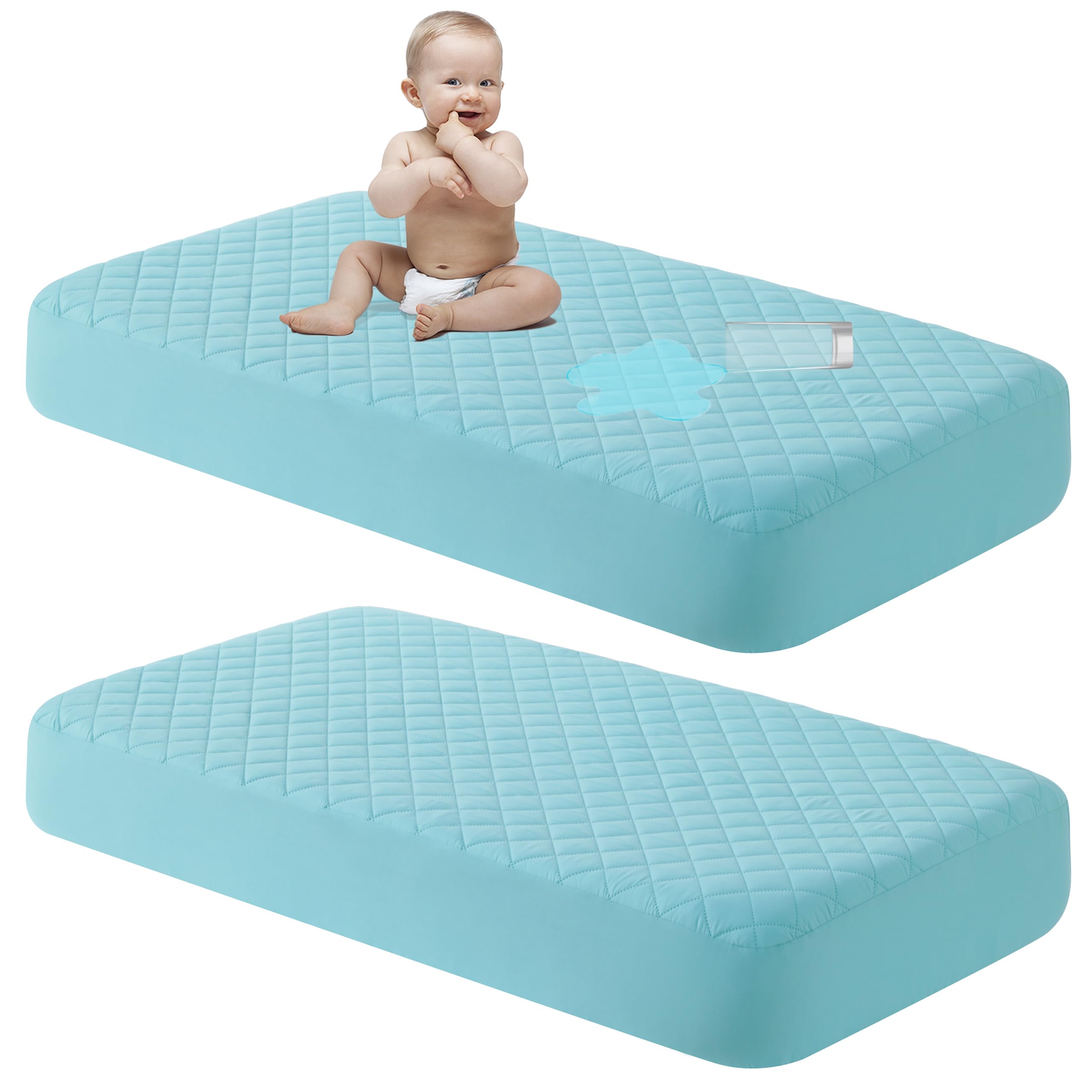 NTBAY mini crib protector in aqua with quilted surface for gentle protection
