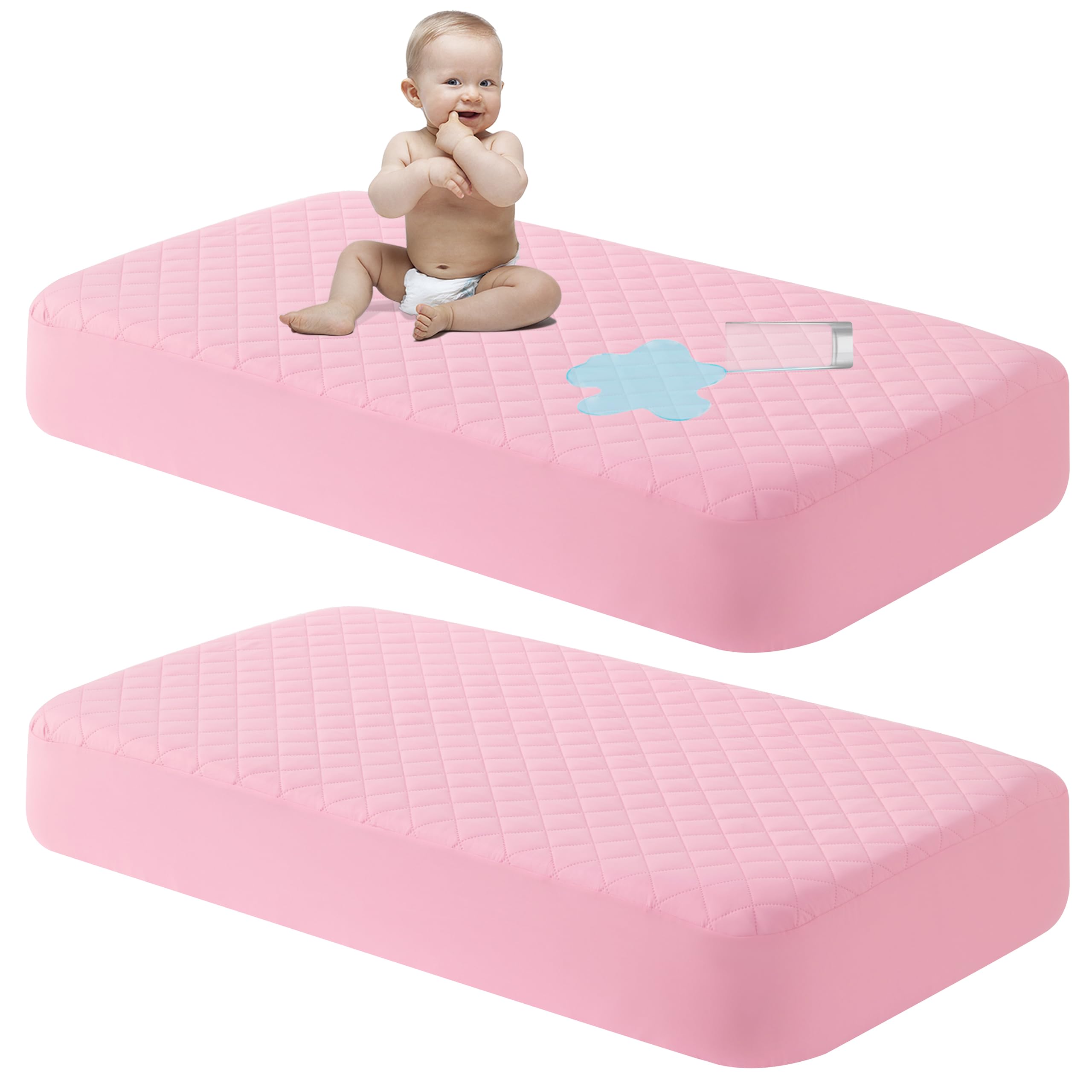 NTBAY mini crib mattress protector closeup showing snug fit and quiet fabric for restful sleep