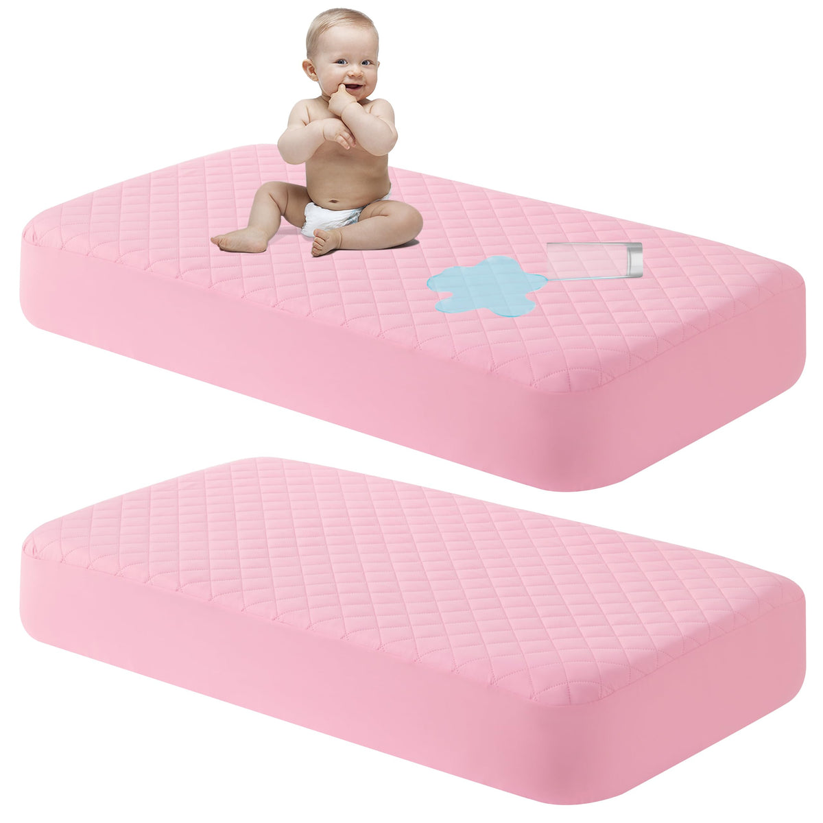 NTBAY mini crib mattress protector closeup showing snug fit and quiet fabric for restful sleep