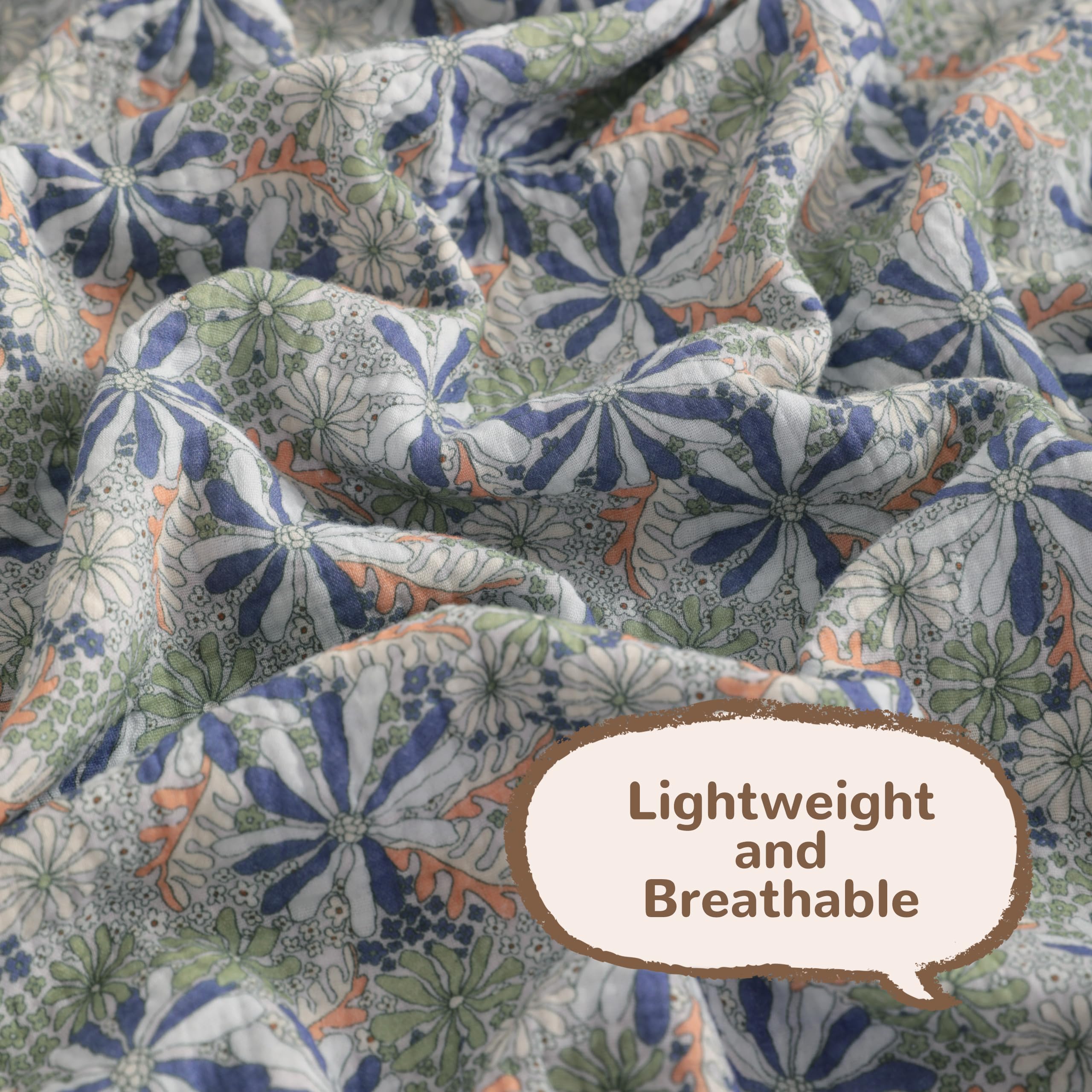 NTBAY muslin blanket texture emphasizing breathable, moisture-wicking fabric for year-round use.