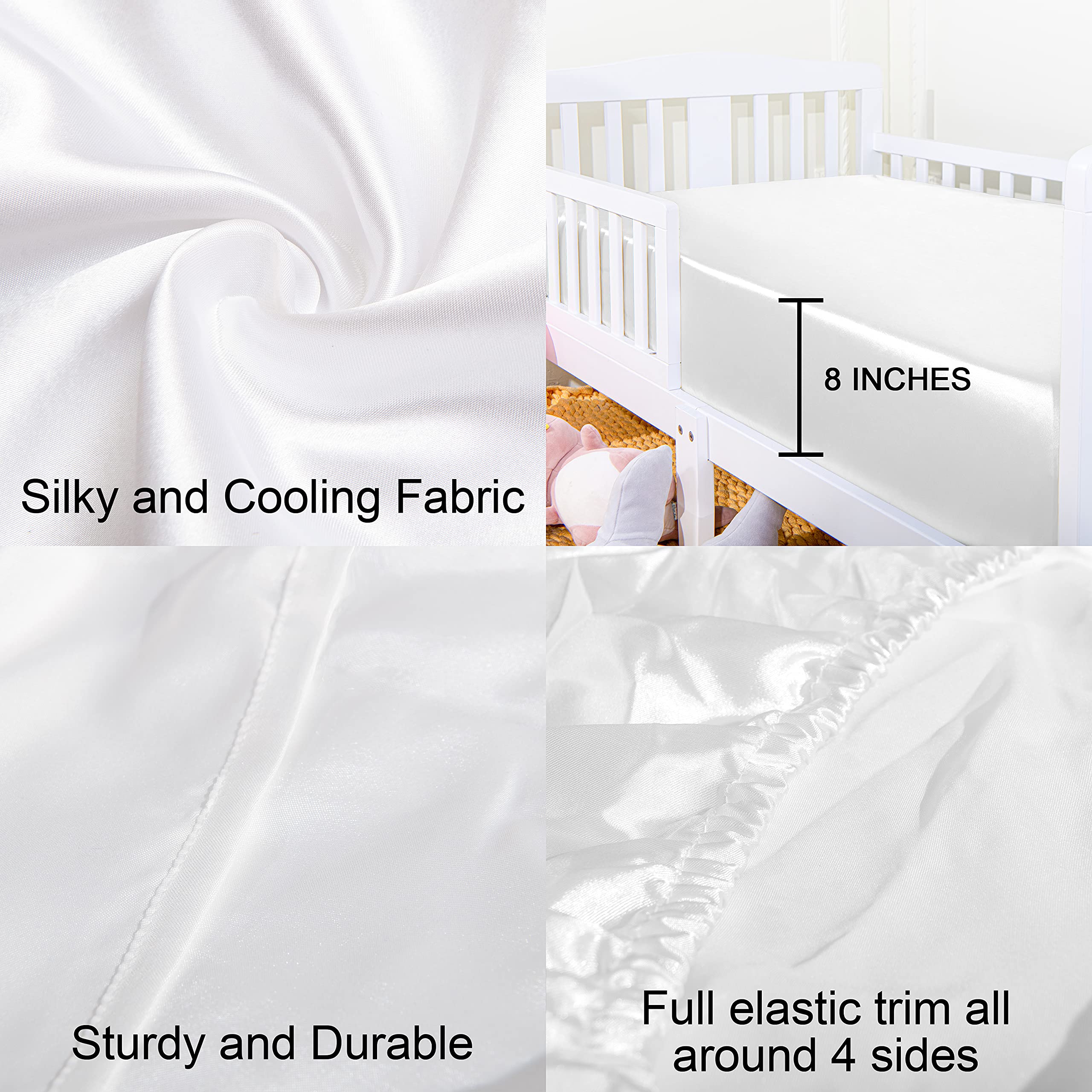 NTBAY silk satin fitted crib sheet on mattress demonstrates secure fit and smooth surface.