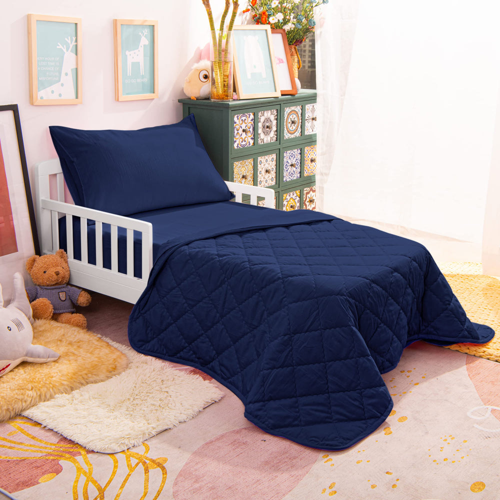 NTBAY Toddler Bedding Set navy blue colorway suits boys and girls with timeless style.