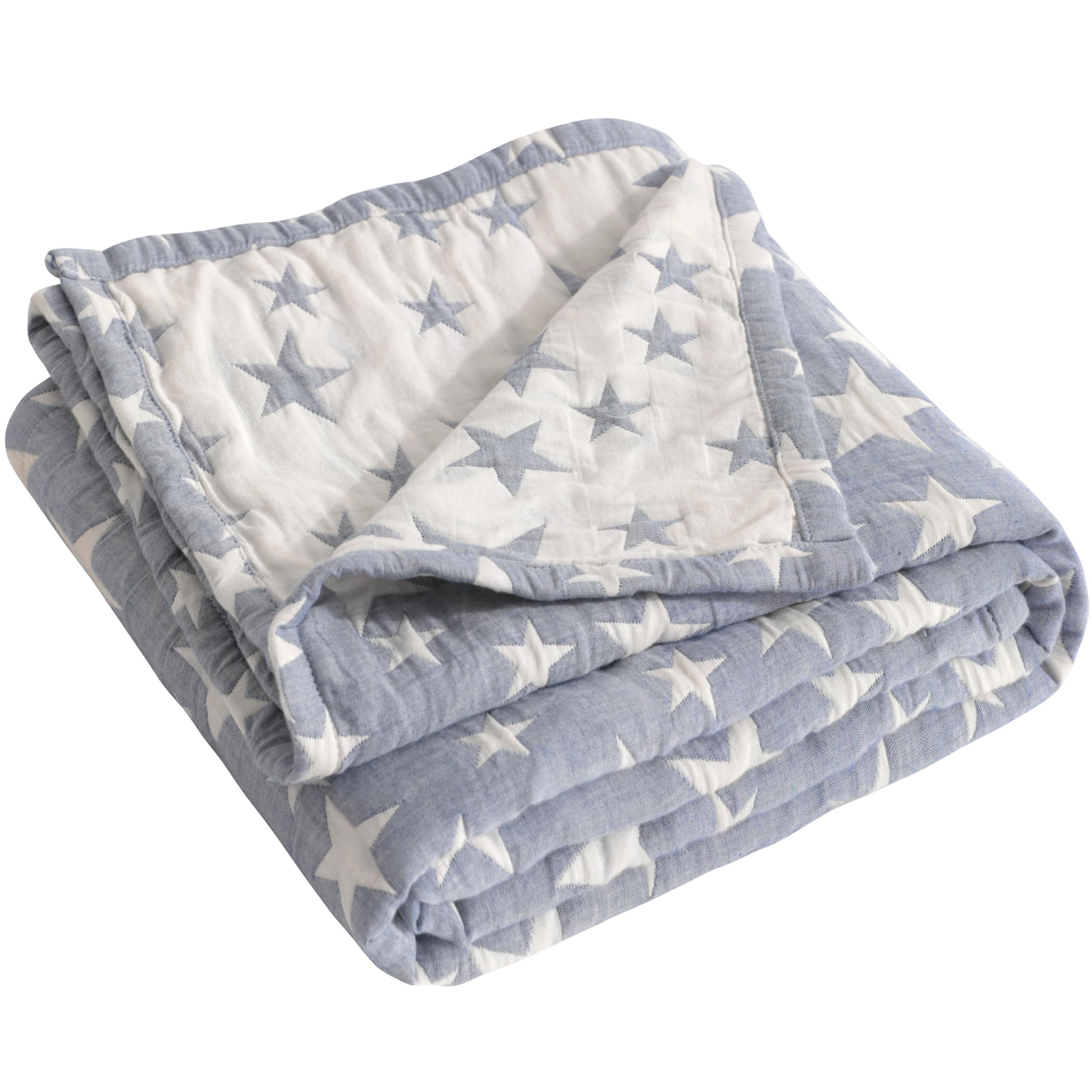 NTBAY toddler blanket front view with blue stars on soft muslin cotton for gentle skin contact
