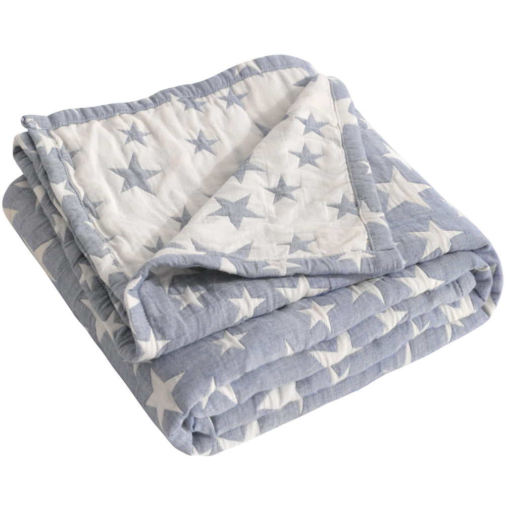 NTBAY toddler blanket front view with blue stars on soft muslin cotton for gentle skin contact