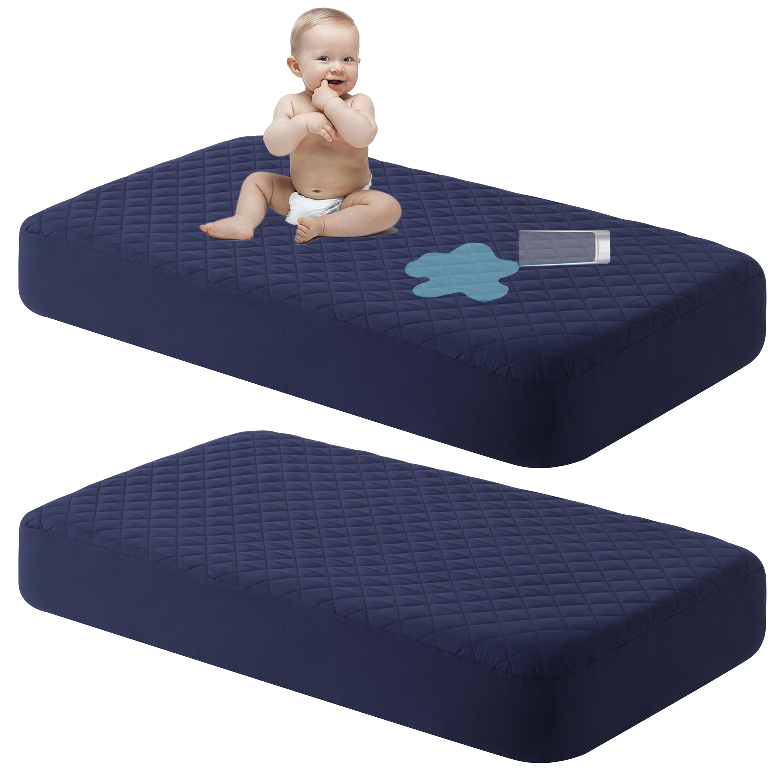 NTBAY waterproof mini crib mattress protector navy cover protects spills while staying quiet.