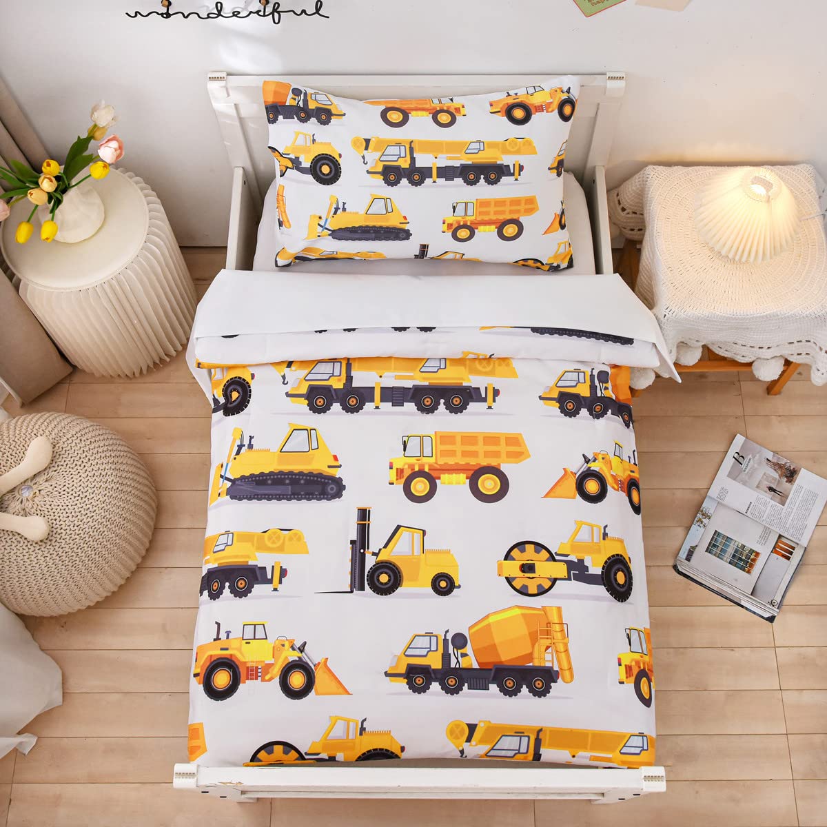 NTBED 4-piece toddler bedding set construction comforter close-up showing soft microfiber for cozy nights