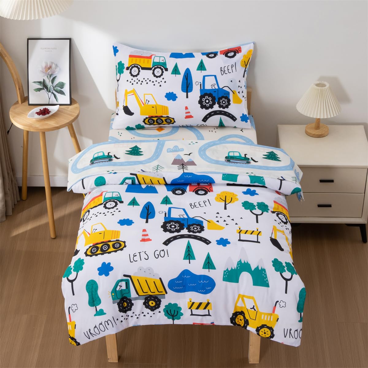 NTBED 4-piece construction toddler bedding set packshot shows durable microfiber comfort