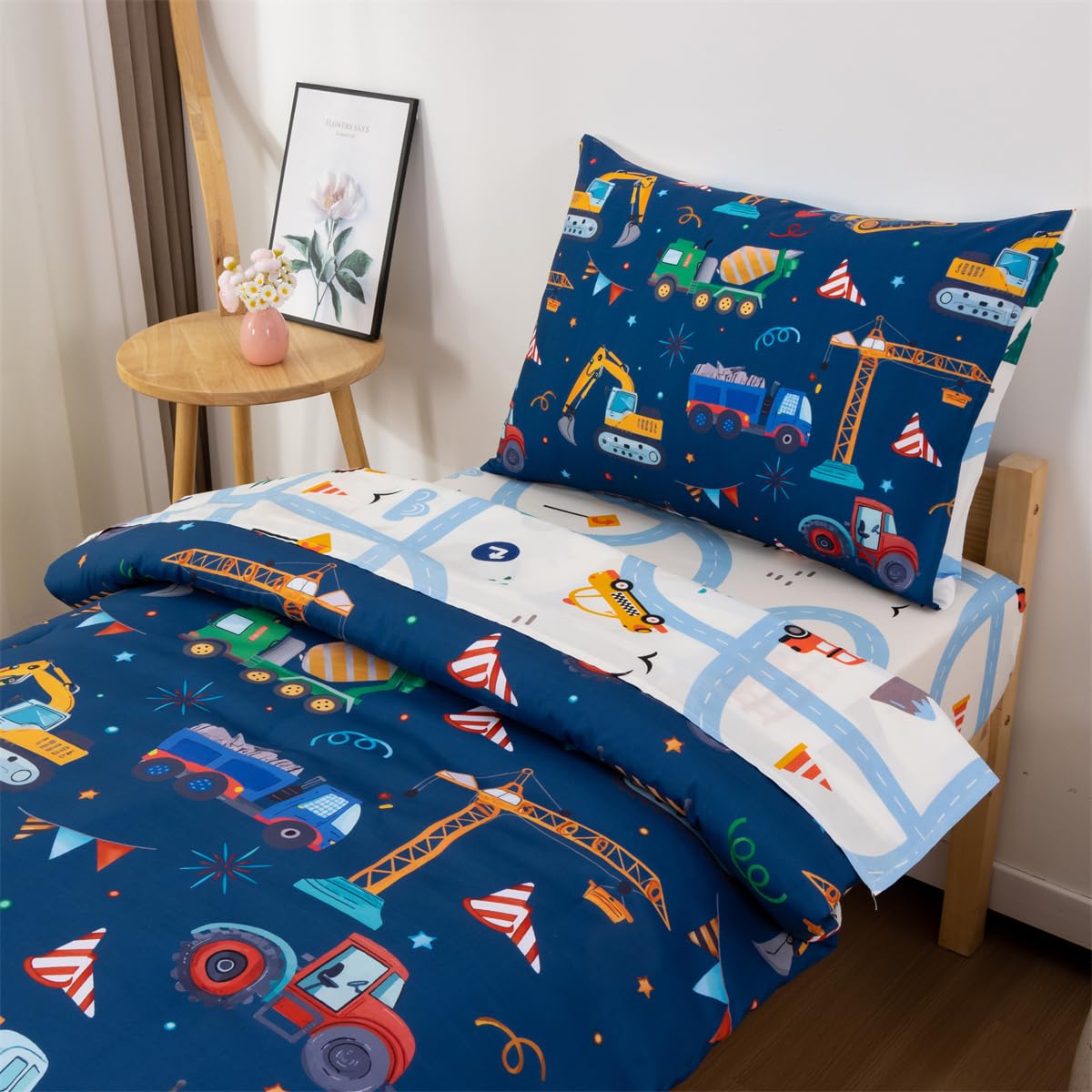 NTBED construction truck flat sheet in navy for durable, easy care bedding