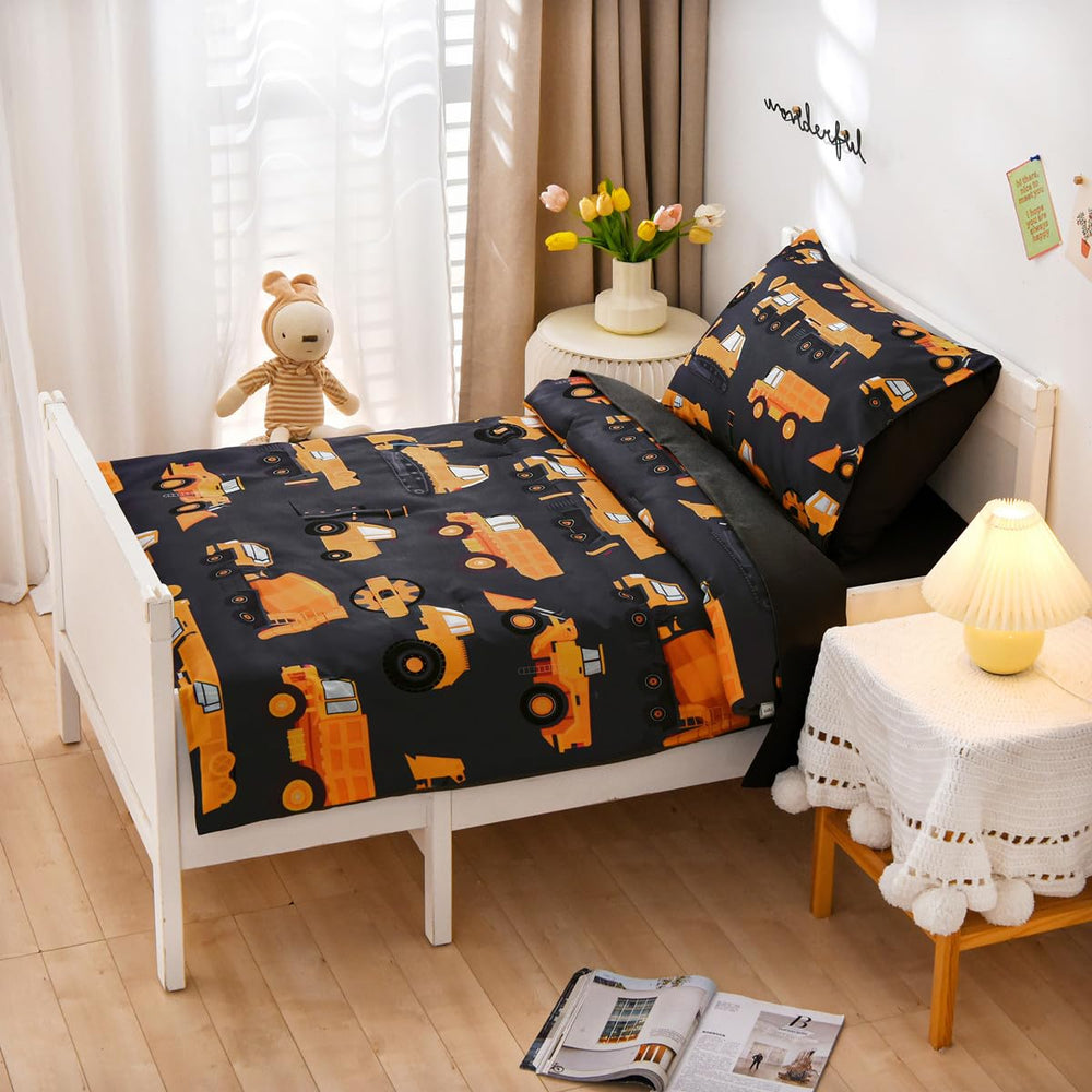NTBED construction vehicles flat sheet provides a snug fit for toddler beds.