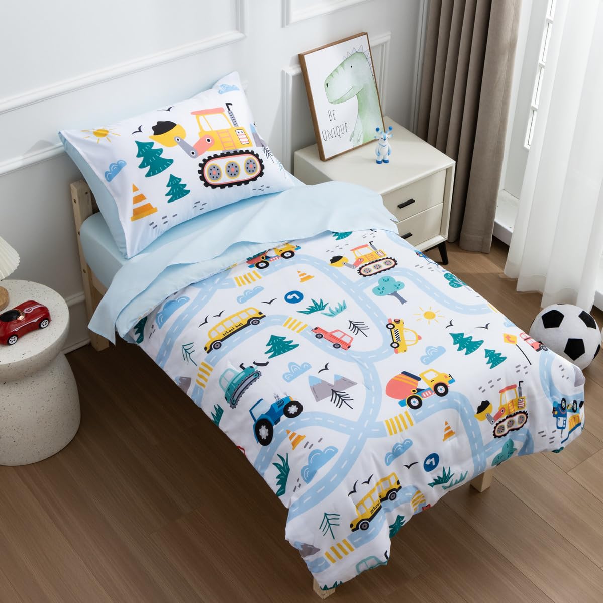 NTBED construction vehicles comforter pattern inspires imaginative play at bedtime.