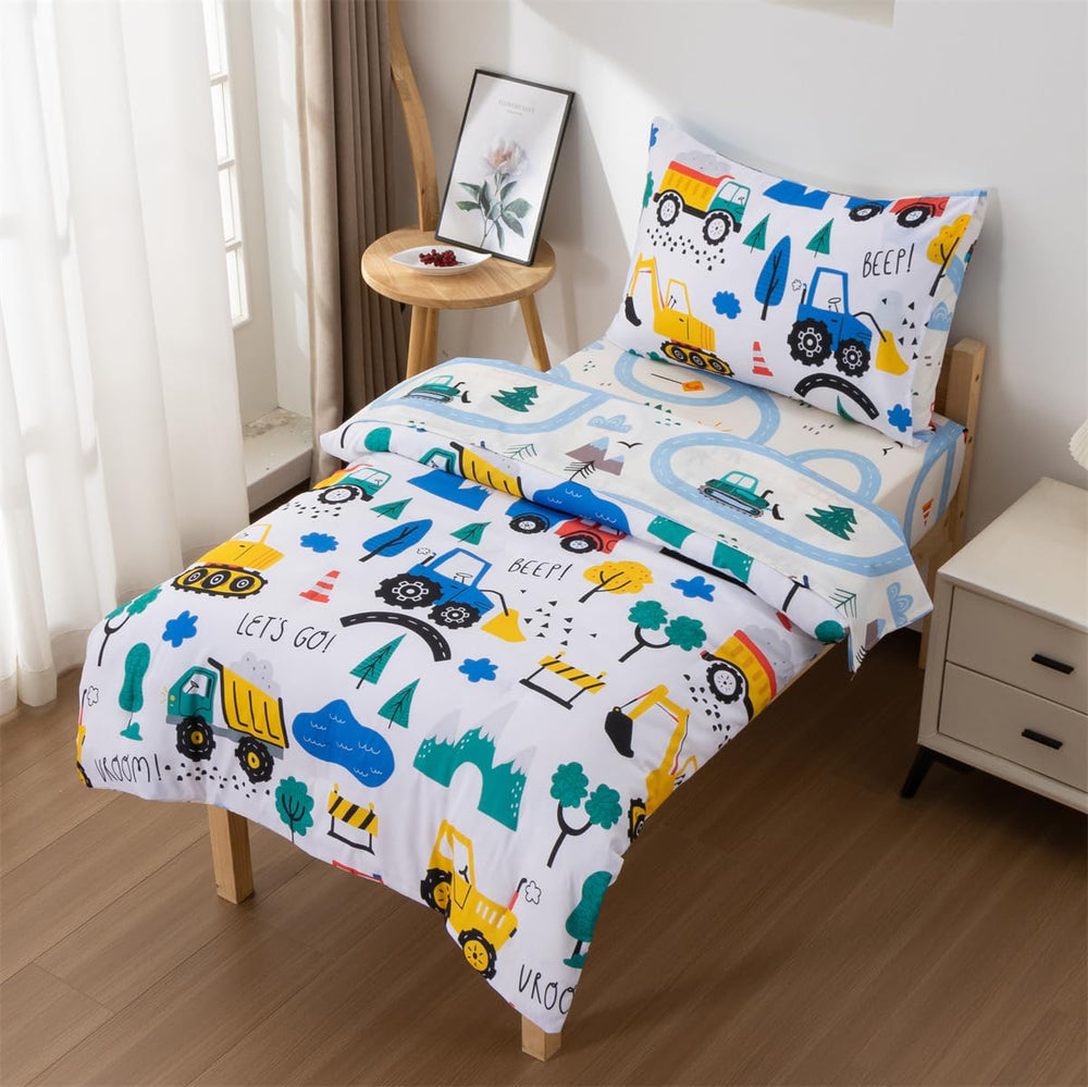 NTBED flat top sheet pattern view emphasizes playful construction-vehicles print