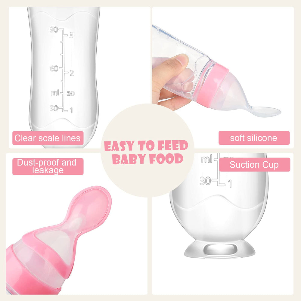 Nuanchu pink feeding spoon shows filterable food for gentler meals.