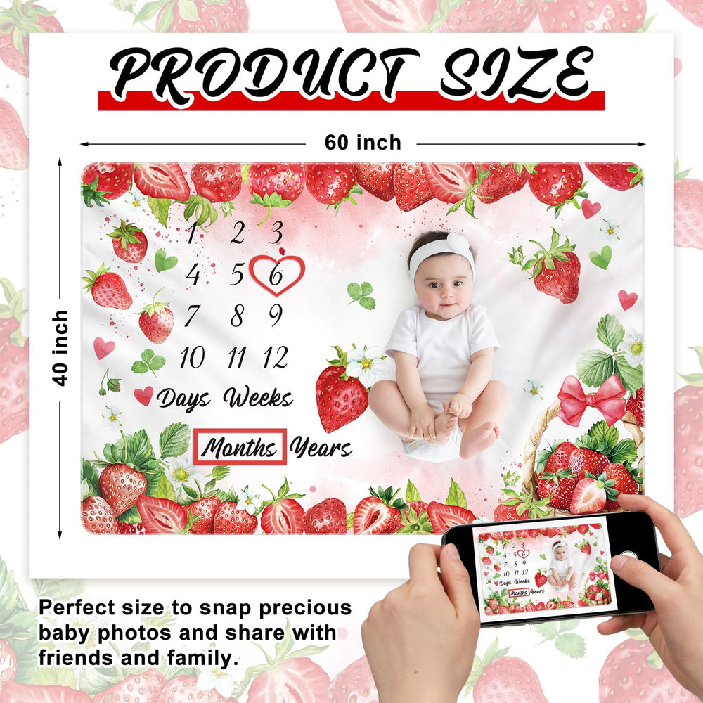 Nuanchu Strawberry design on milestone blanket enhances newborn photos with charm.