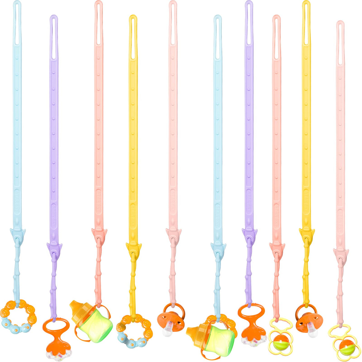 Nuanchu toy straps packaging image showing the 10-pack set for everyday baby gear