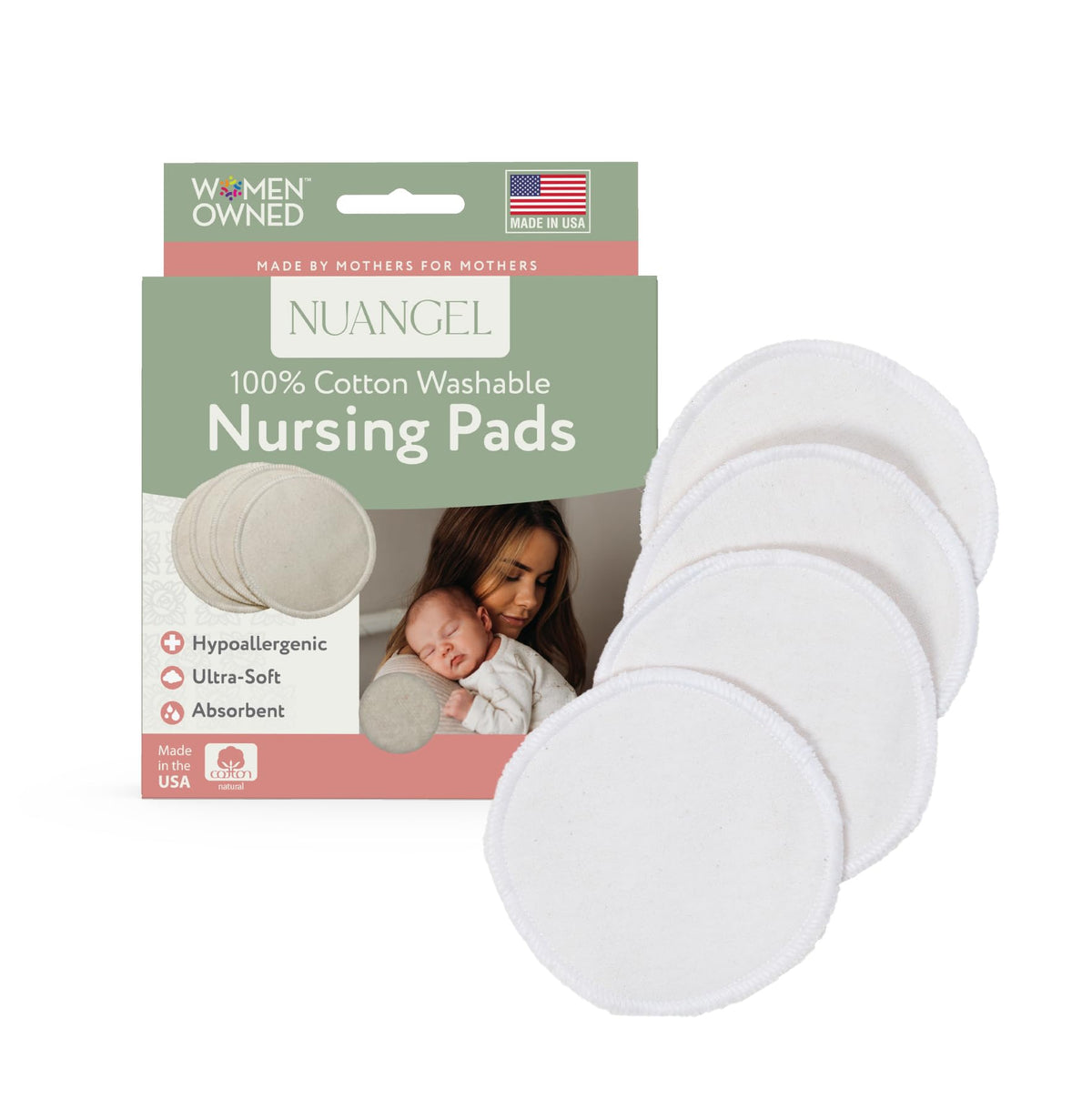 NuAngel nursing pads pack front shows four natural cotton pads for everyday protection.