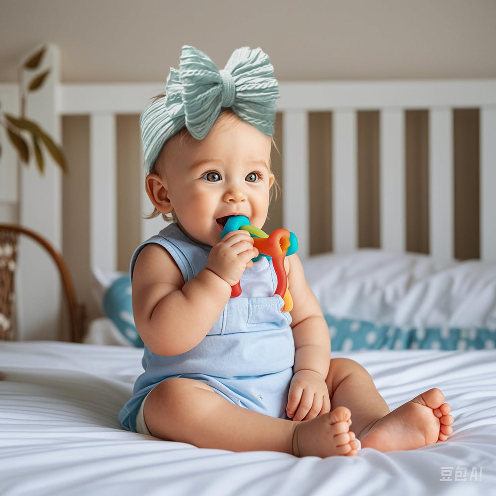 NUARTNOS soft nylon headband blue closeup—gentle stretch for infants