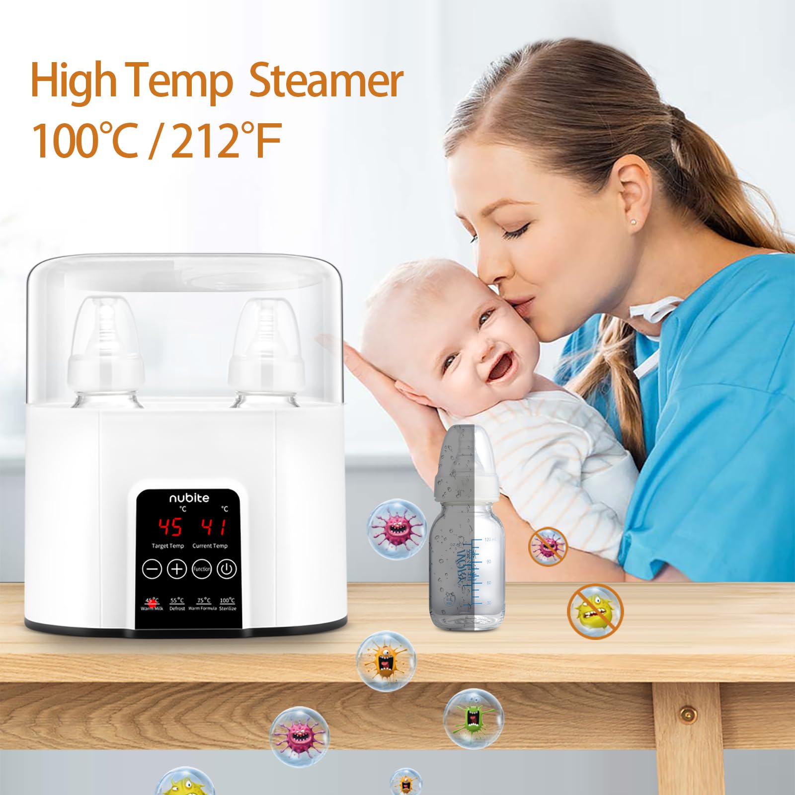 nubite double bottle warmer with twin bottles in use enables simultaneous warming