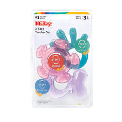 Nuby 3-Step Teether middle teether purple eases middle-teeth discomfort.