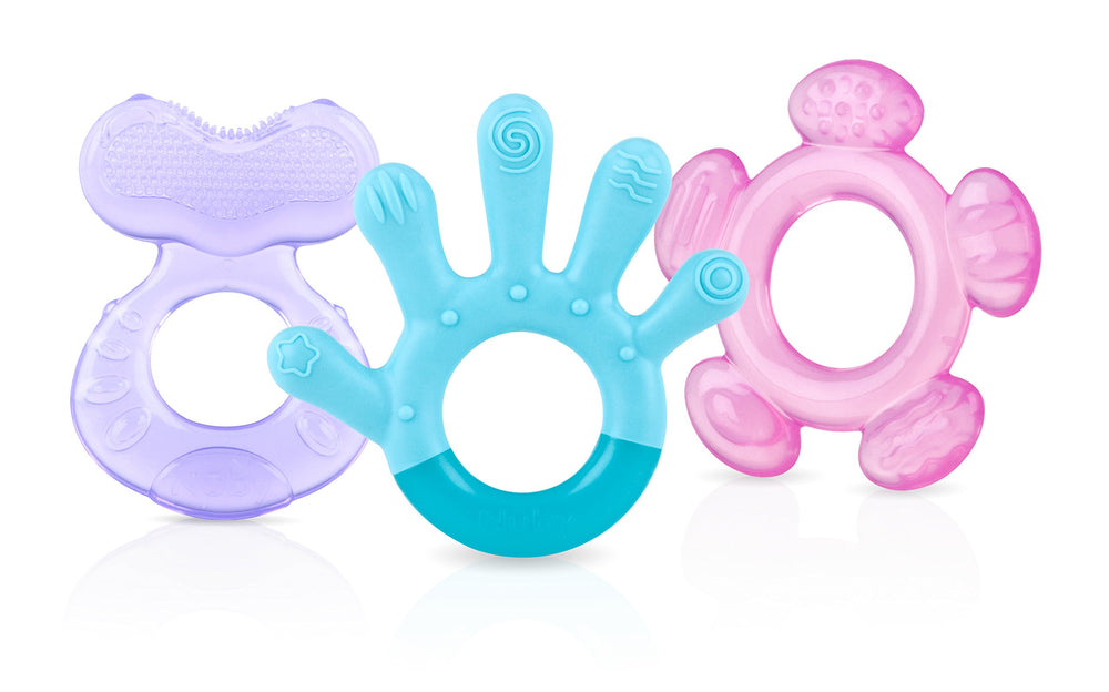 Nuby 3-Step Teether front teether pink soothes front-teeth teething.