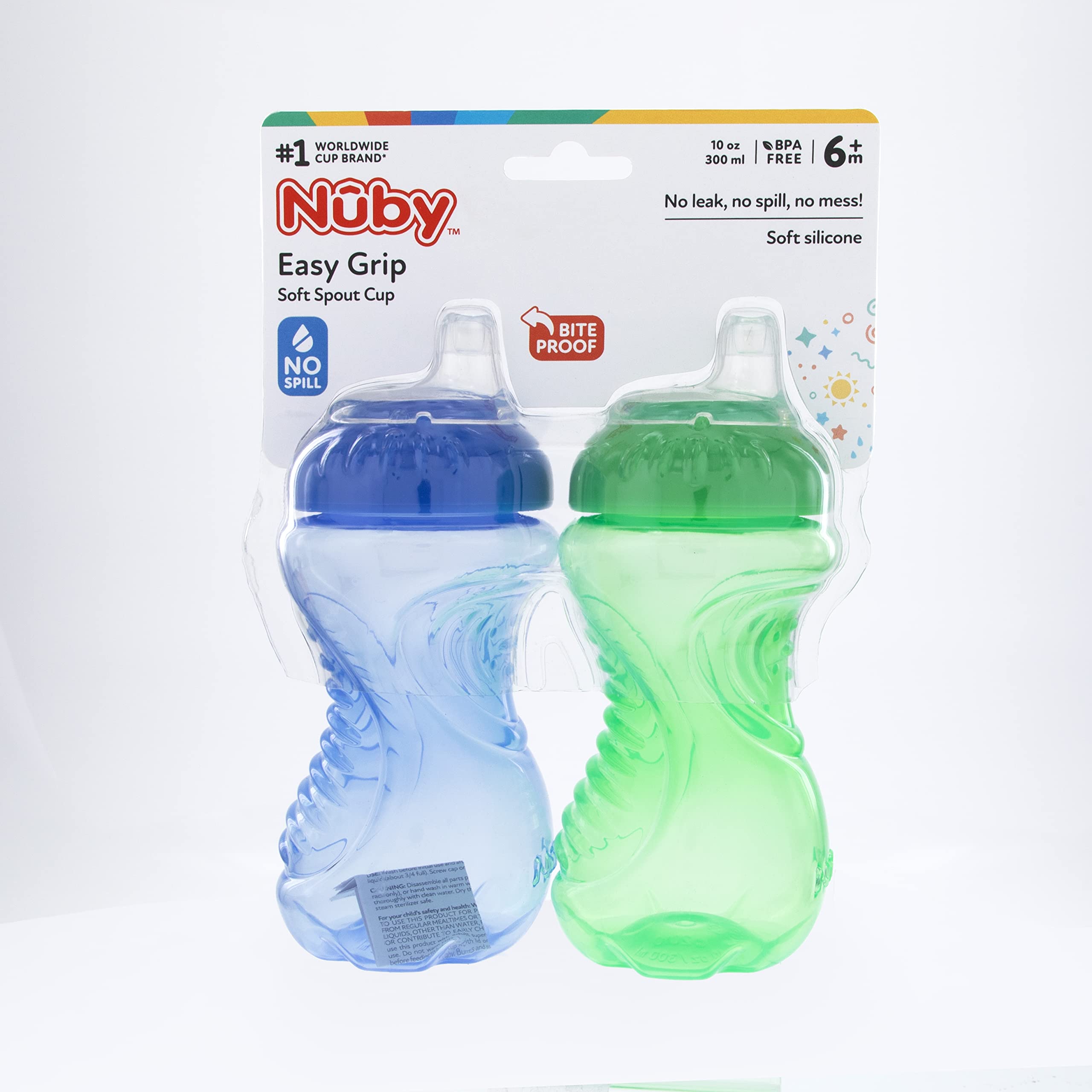 Nuby baby holding no-spill cup designed for six months and up use.