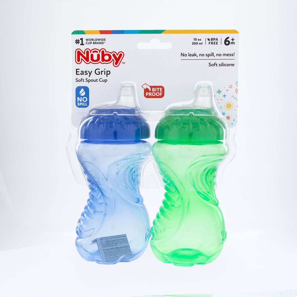 Nuby baby holding no-spill cup designed for six months and up use.