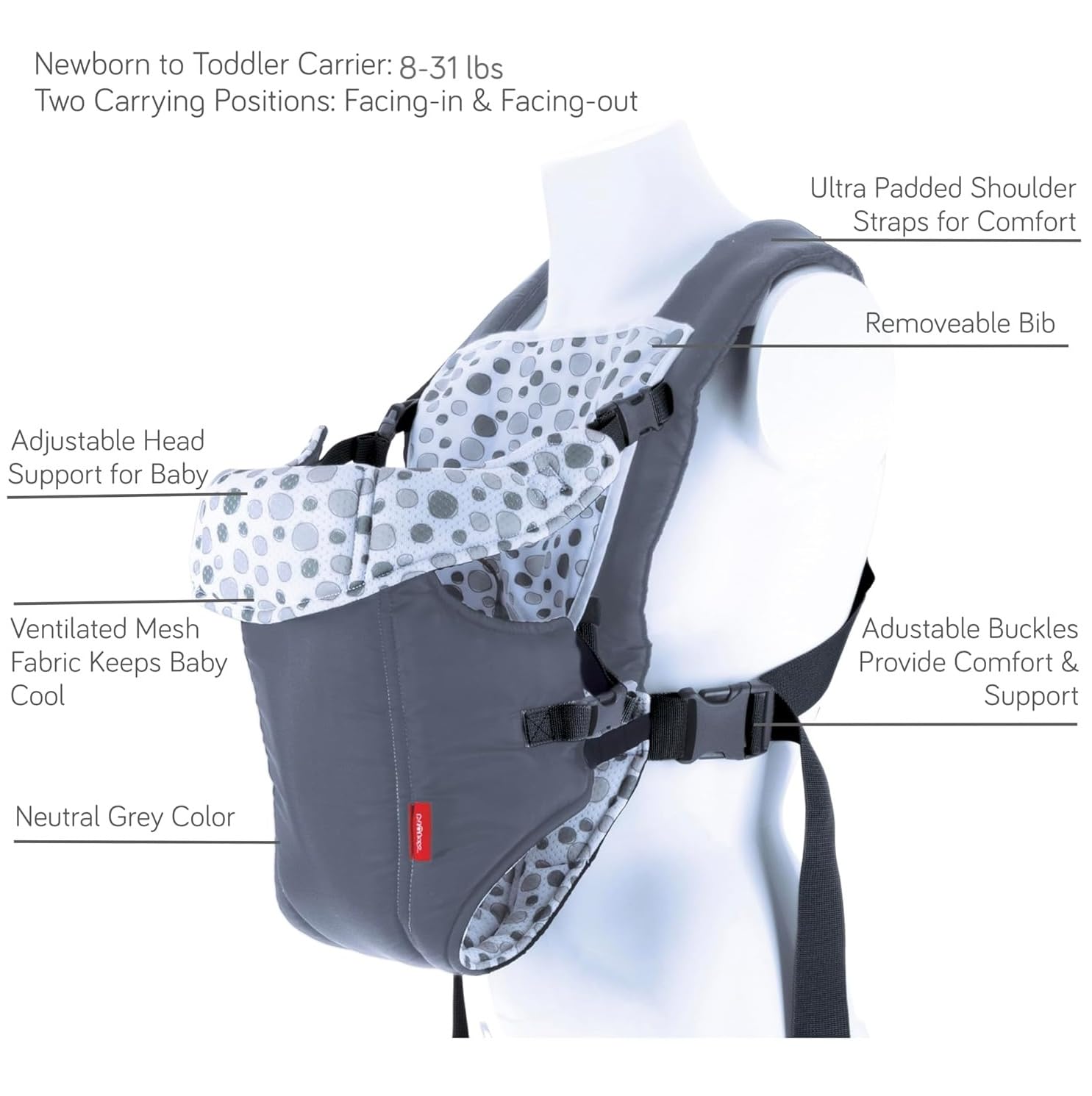 Nuby Classic Baby Carrier detachable bib protects clothing during dribbles.