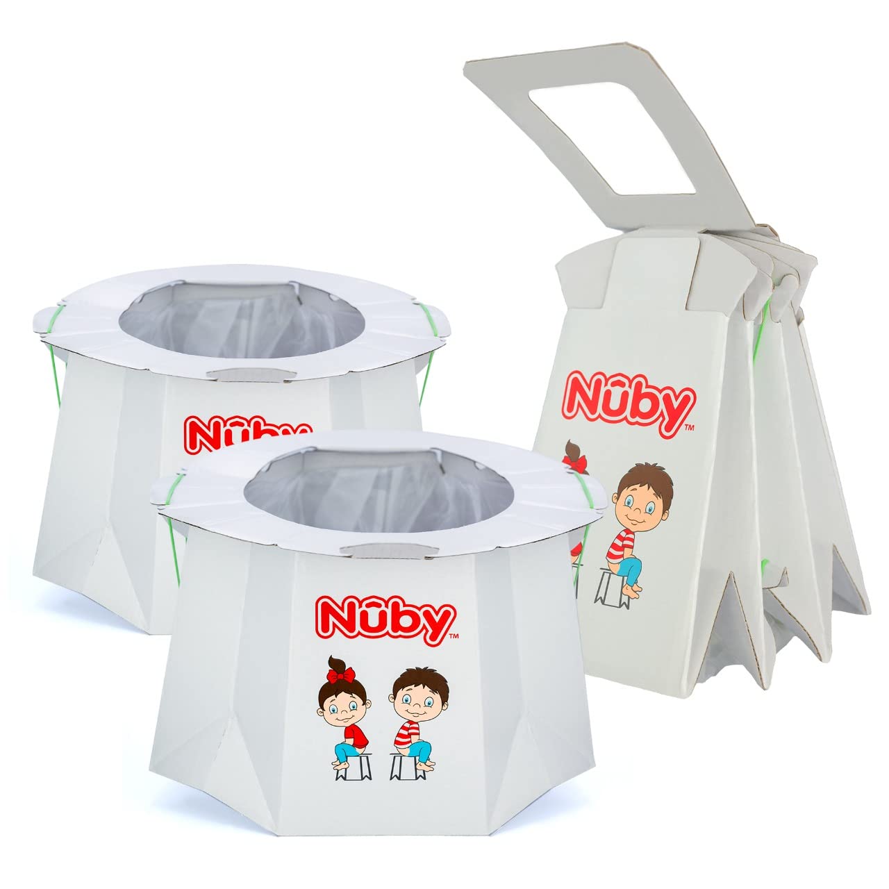 Nuby disposable travel potty folded compact for easy bag storage and on-the-go comfort.