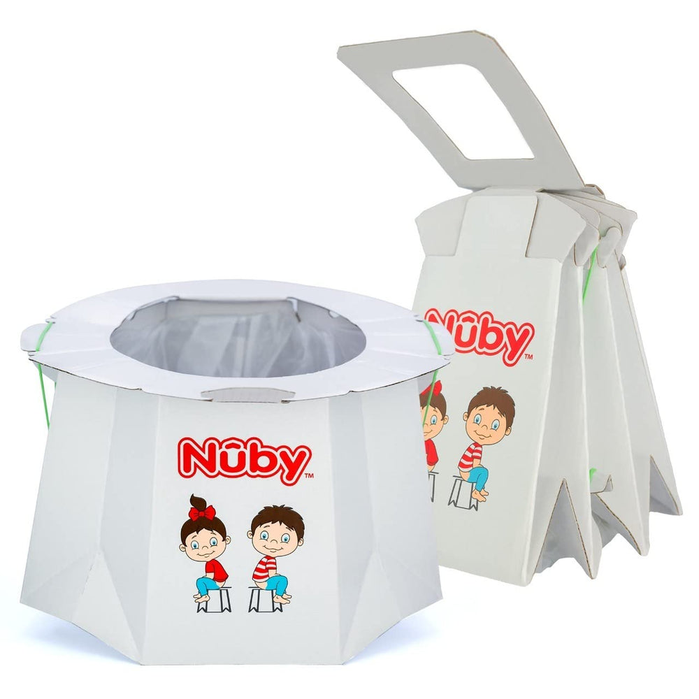 Nuby disposable travel potty folded for compact packing and easy portability.