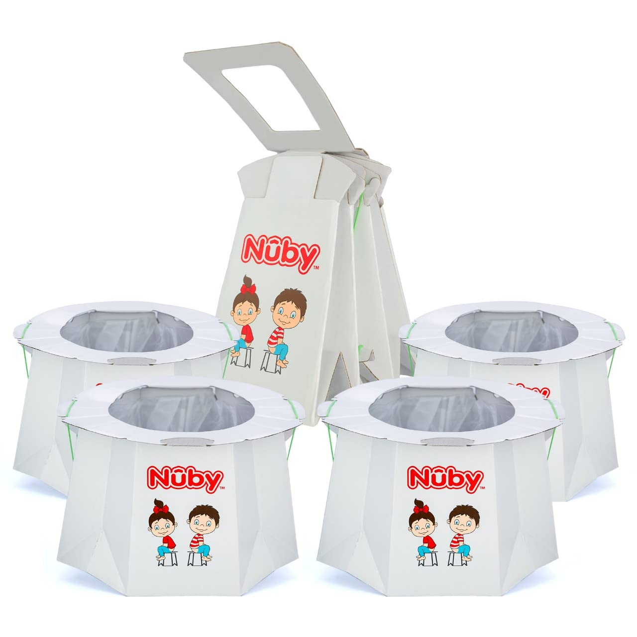 Nuby disposable travel potty liner packaging for easy transport and mess containment.