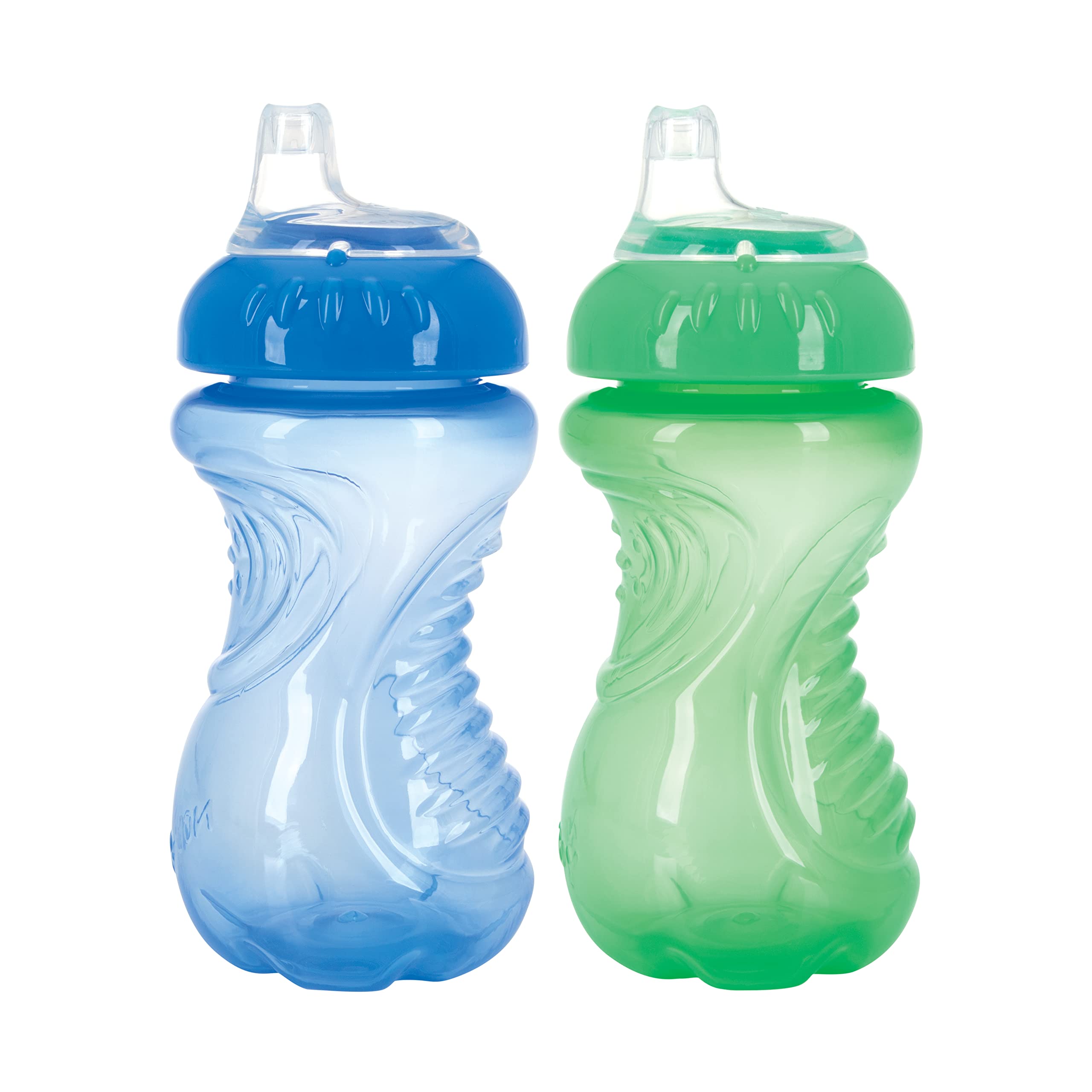 Nuby easy grip textured handle demonstrates secure hold for small hands.