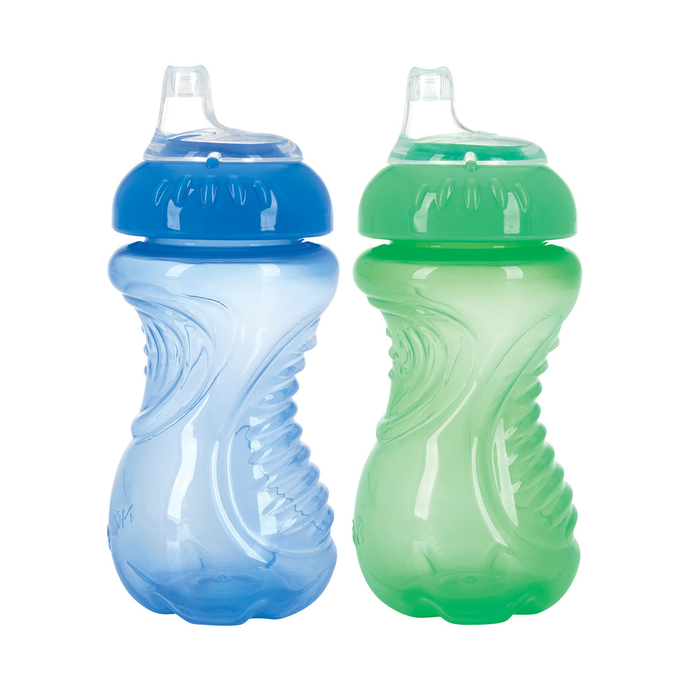 Nuby easy grip textured handle demonstrates secure hold for small hands.