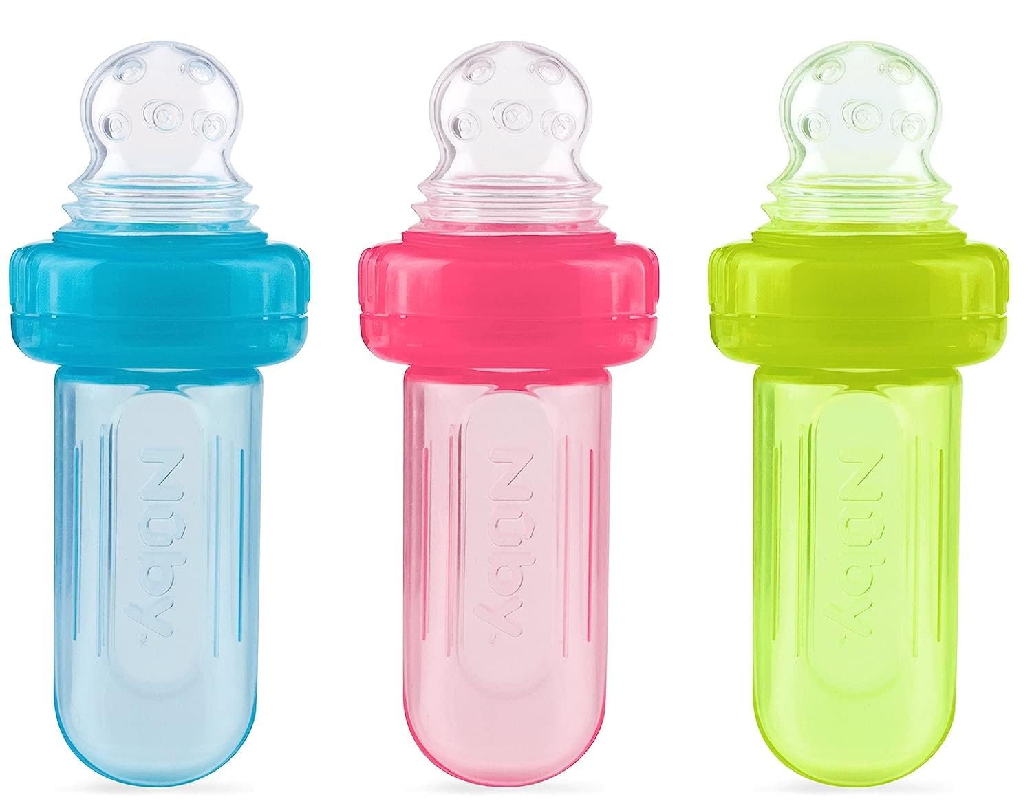 Nuby EZ Squee-Z silicone bottle demonstrates gentle feeding during solids transition
