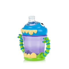 Nuby iMonster no-spill cup 7oz demonstrates spill-proof design for mess-free sipping.