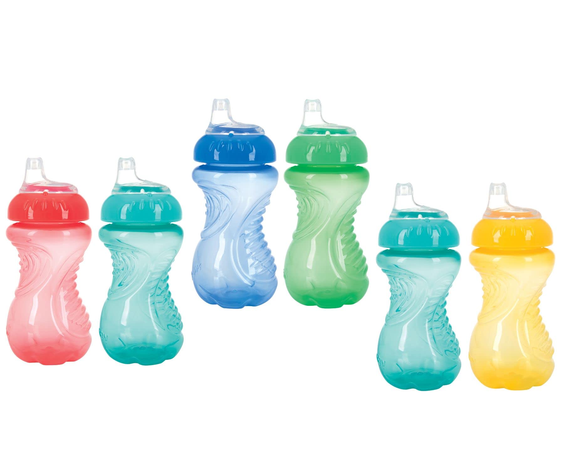 Nuby no-spill cup side view shows ergonomic design for tiny hands and a secure grip.