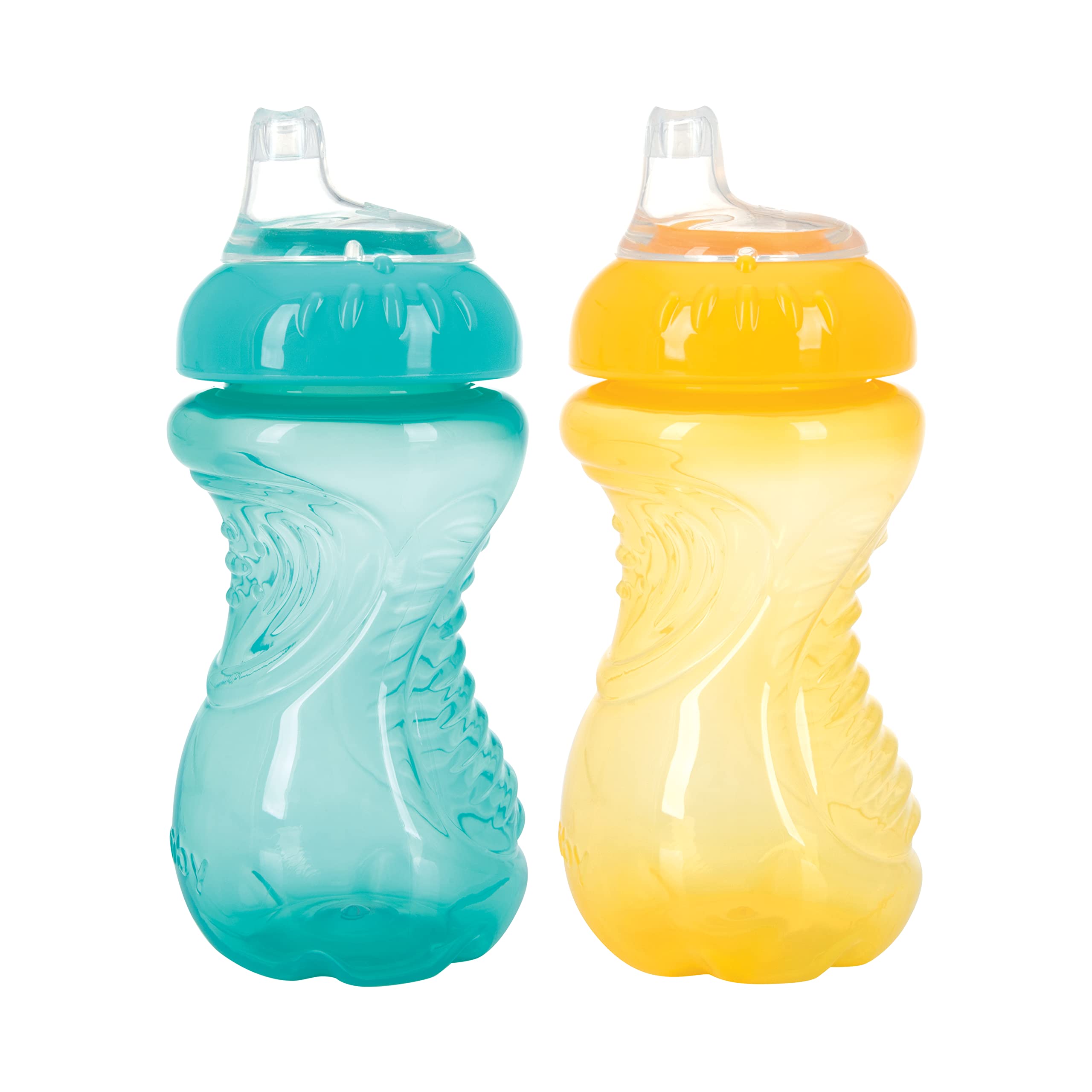 Nuby no-spill cup spout closeup highlights a soft silicone surface for gentle gums.