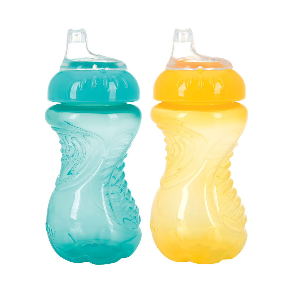 Nuby no-spill cup spout closeup highlights a soft silicone surface for gentle gums.