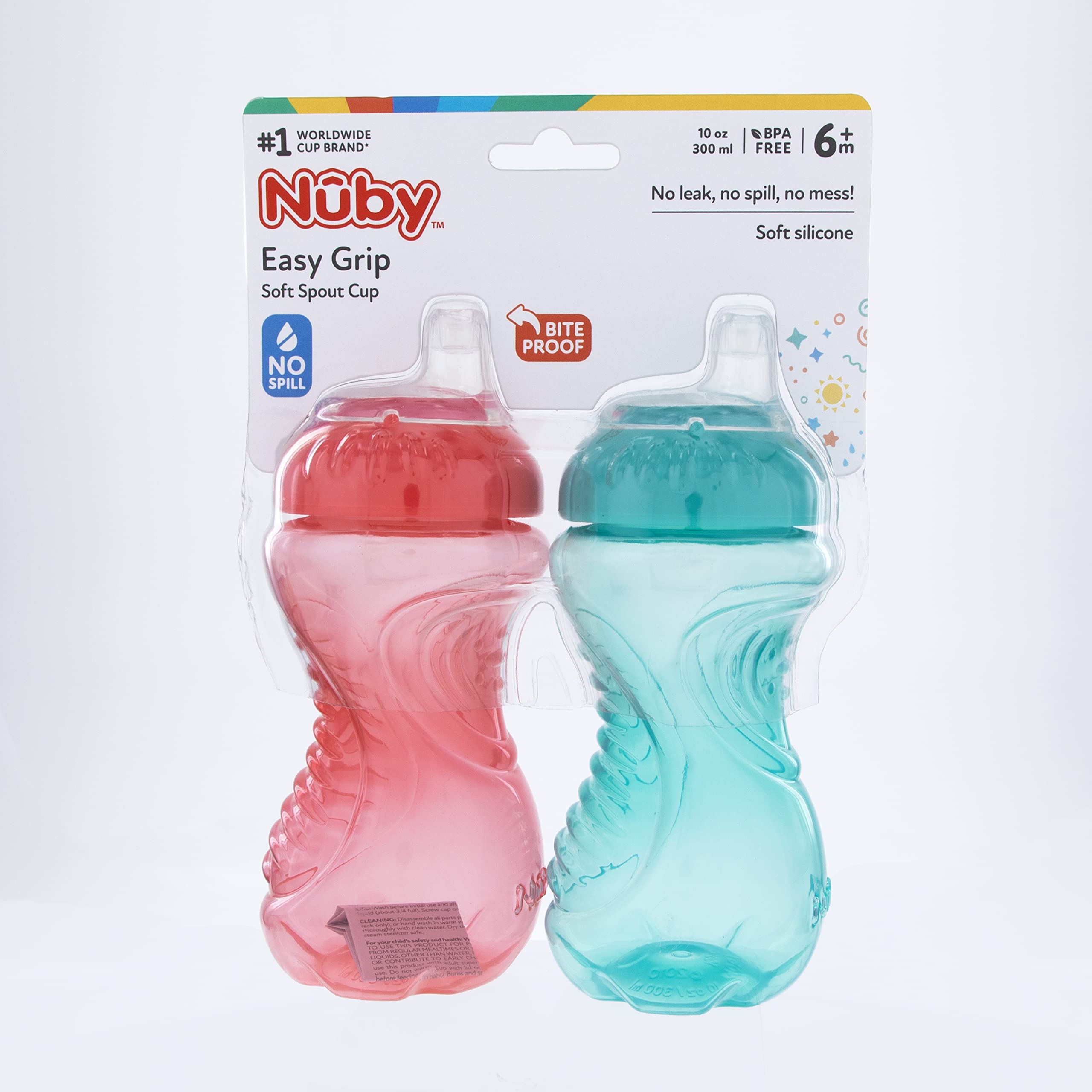 Nuby no-spill cup on top rack dishwasher safe for convenient cleanup.