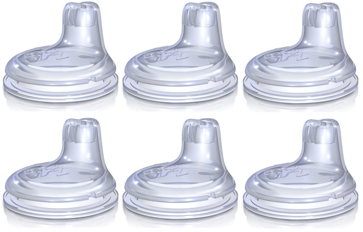 Nuby No Spill Easy Grip spout closeup, soft silicone tip for spill-free sipping.