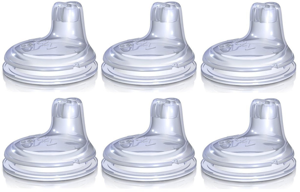 Nuby No Spill Easy Grip spout closeup, soft silicone tip for spill-free sipping.