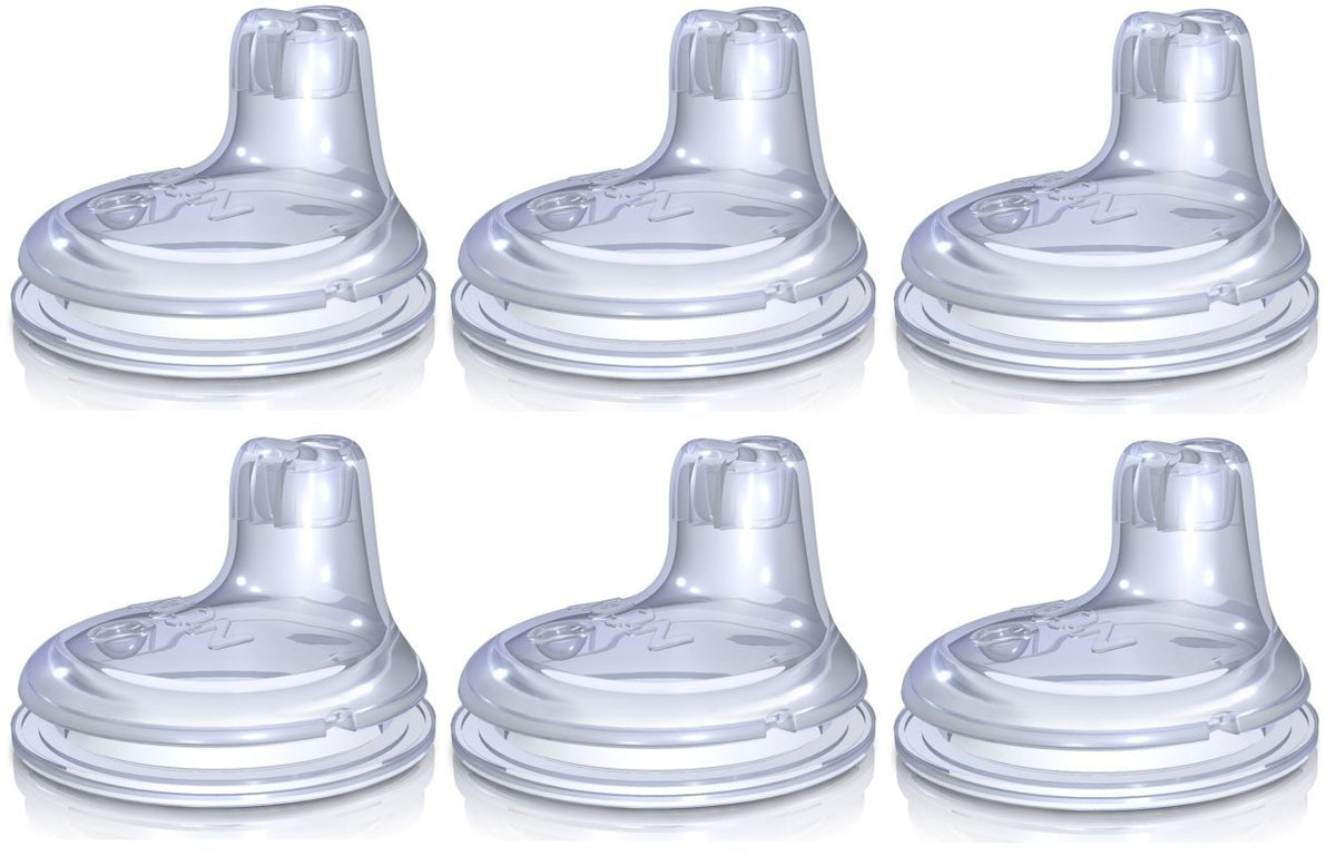 Nuby No Spill Easy Grip spout closeup, soft silicone tip for spill-free sipping.