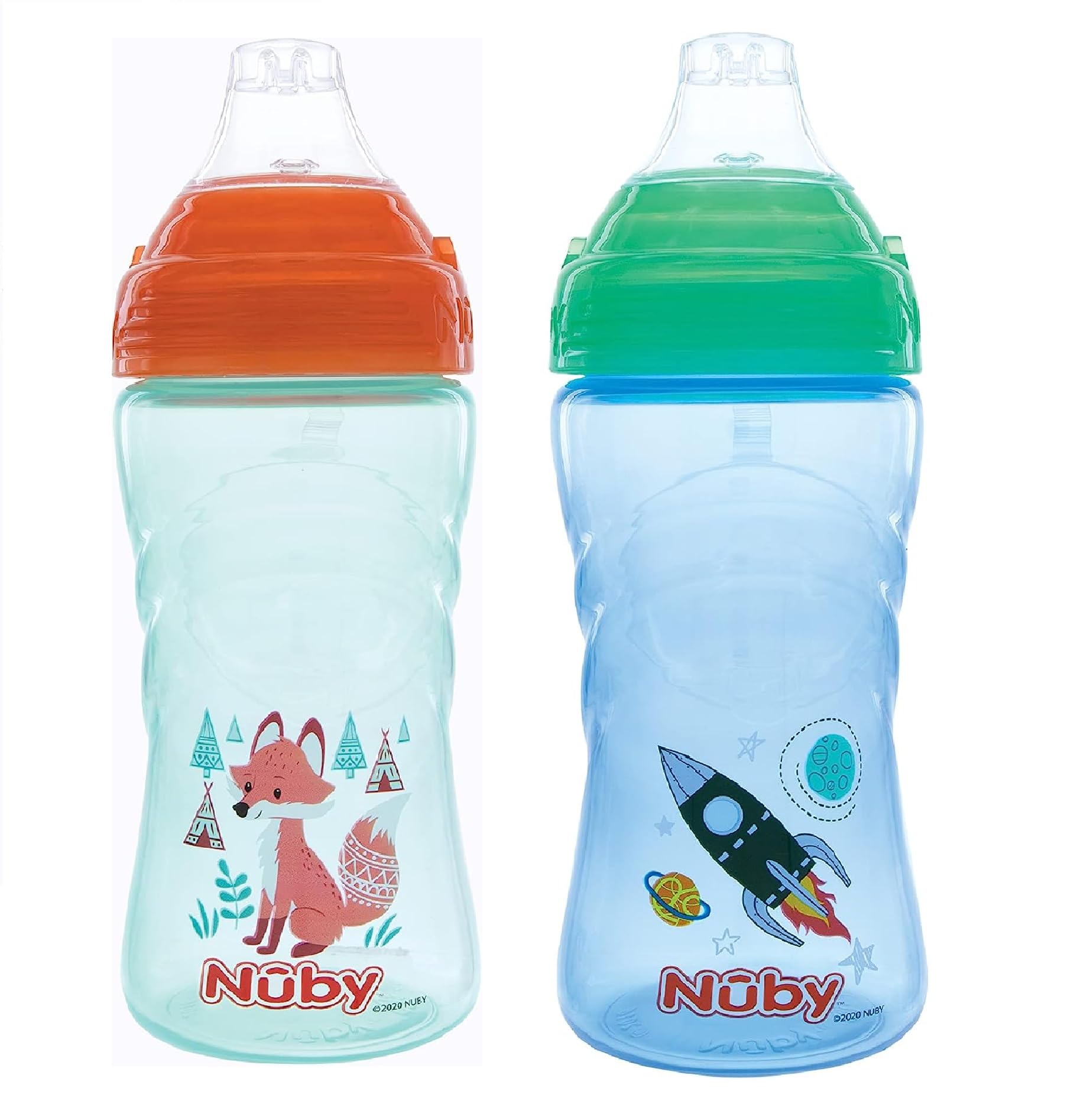 Nuby No Spill Sip-it Sport Cup green spout promotes mess-free sipping and confident on-the-go drinking.
