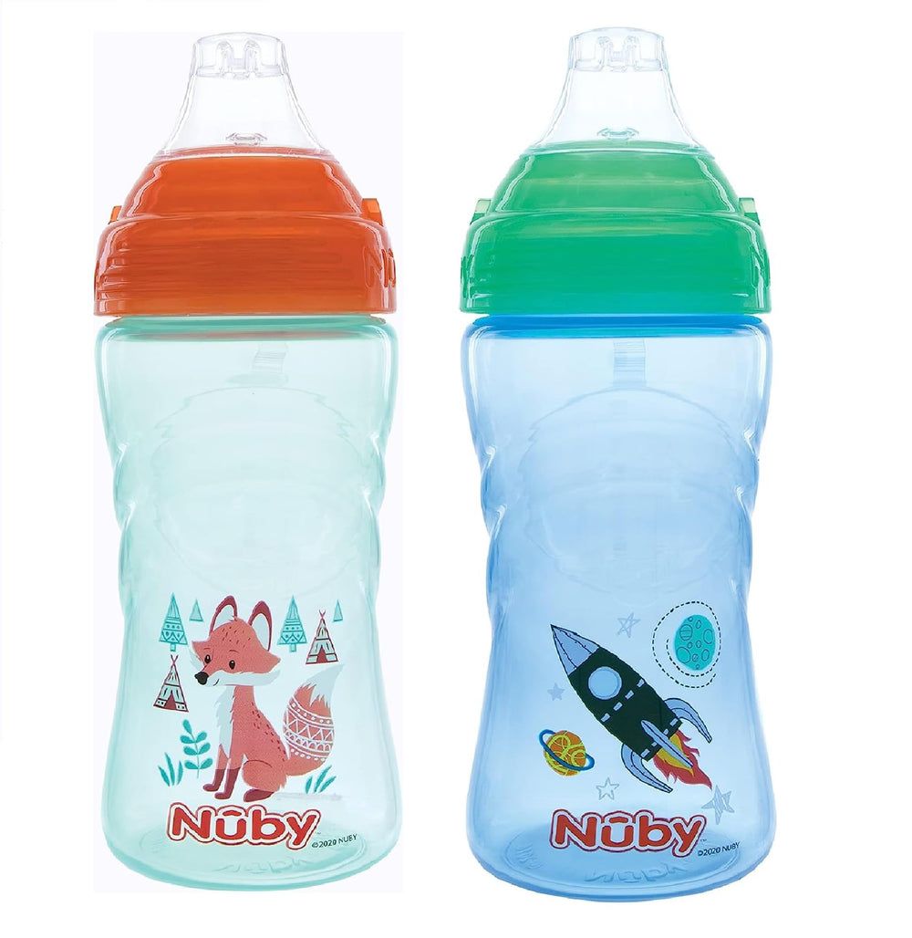 Nuby No Spill Sip-it Sport Cup green spout promotes mess-free sipping and confident on-the-go drinking.