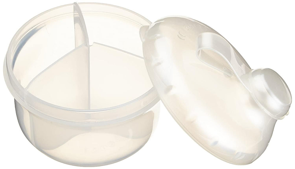 Nuby white three-compartment dispenser with sliding top lid for mess-free access.