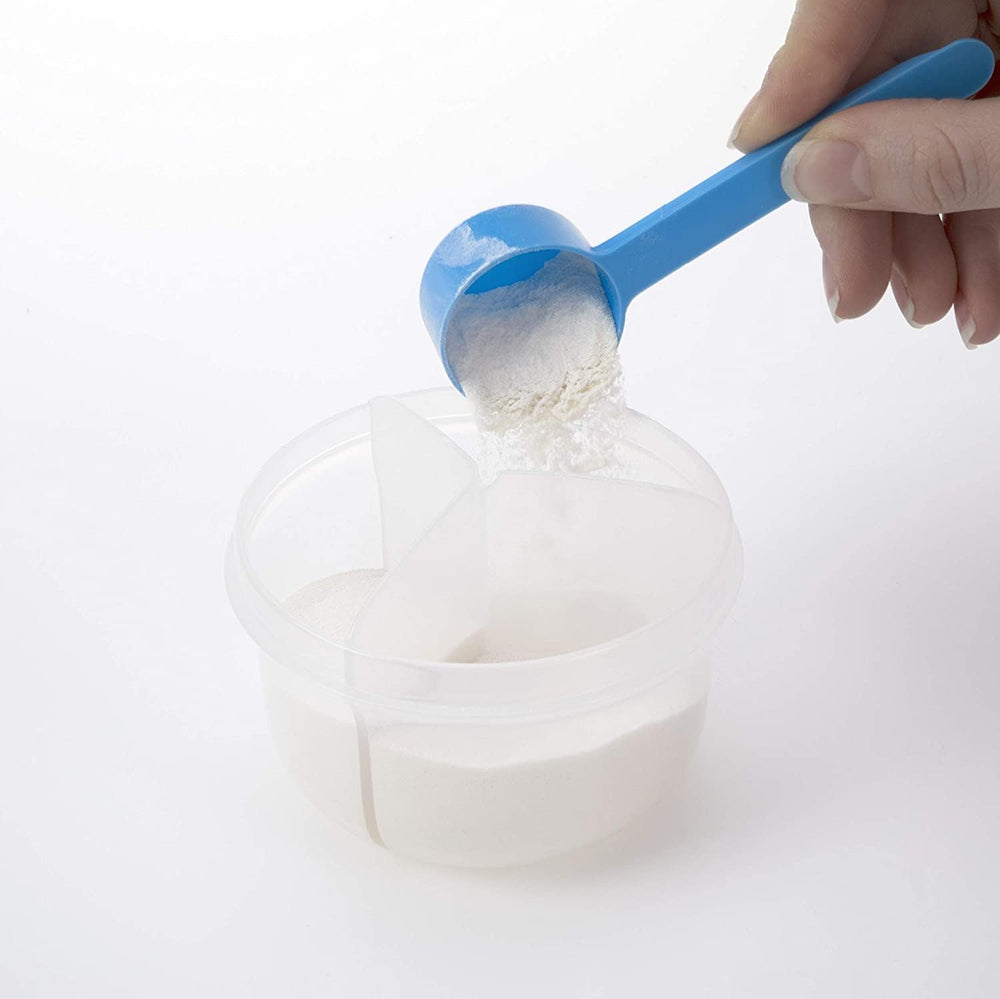 Nuby travel-size powder dispenser in white, ideal for on-the-road powder portions.