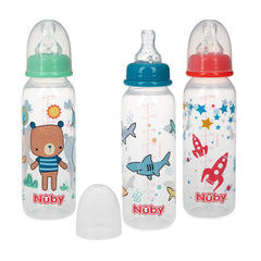 Nuby printed non-drip 8oz bottle 3-pack with blue red green prints for spill-free feeding