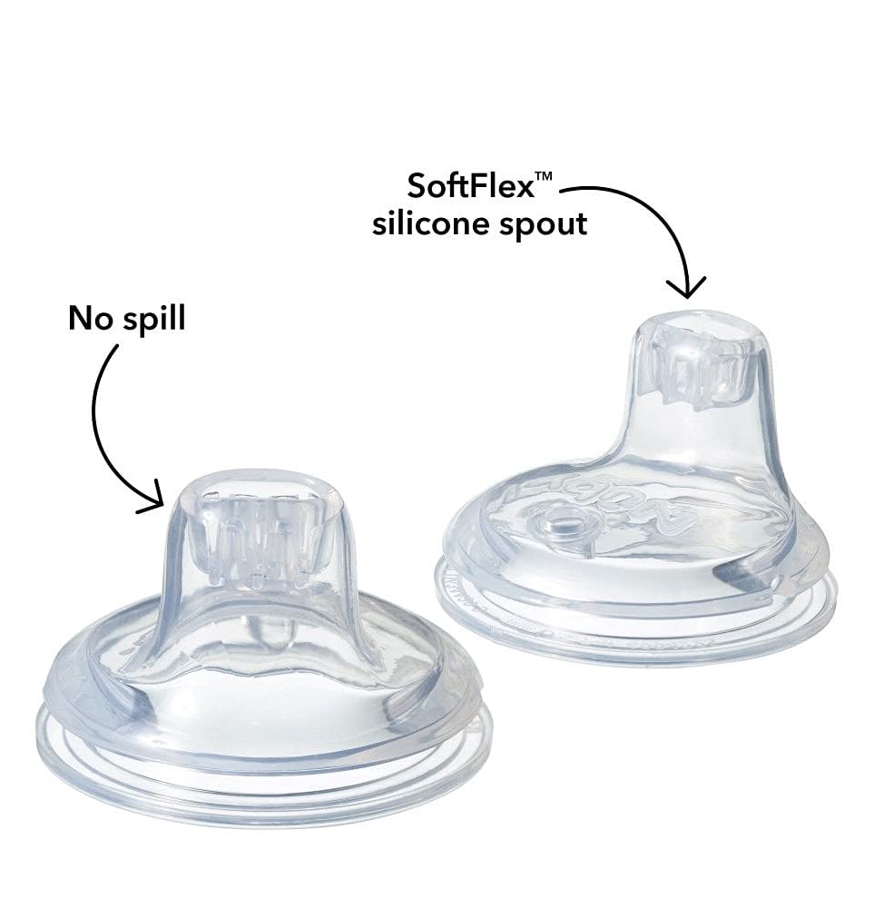 Nuby replacement spouts 6-pack packaging shot, ready for quick swap and mess-free meals.