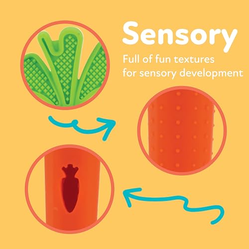 Nuby Carrot Tube Teether baby-hands grip demonstrates easy grasp for tiny fingers